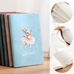Carnet personnalisé en cuir synthétique A5/A6 avec illustration d'un lapin dansant au ballet et de fleurs à l'aquarelle, avec prénom gravé – Cadeau de rentrée scolaire pour les passionnés de lecture