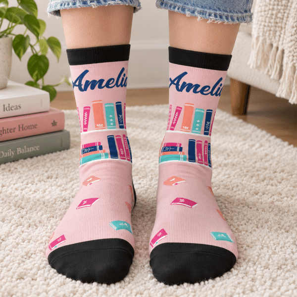 Personalized Soft Multicolor Book Pattern Mid Calf Socks with Name Birthday Christmas Book Club Gift for Book Lovers Librarians