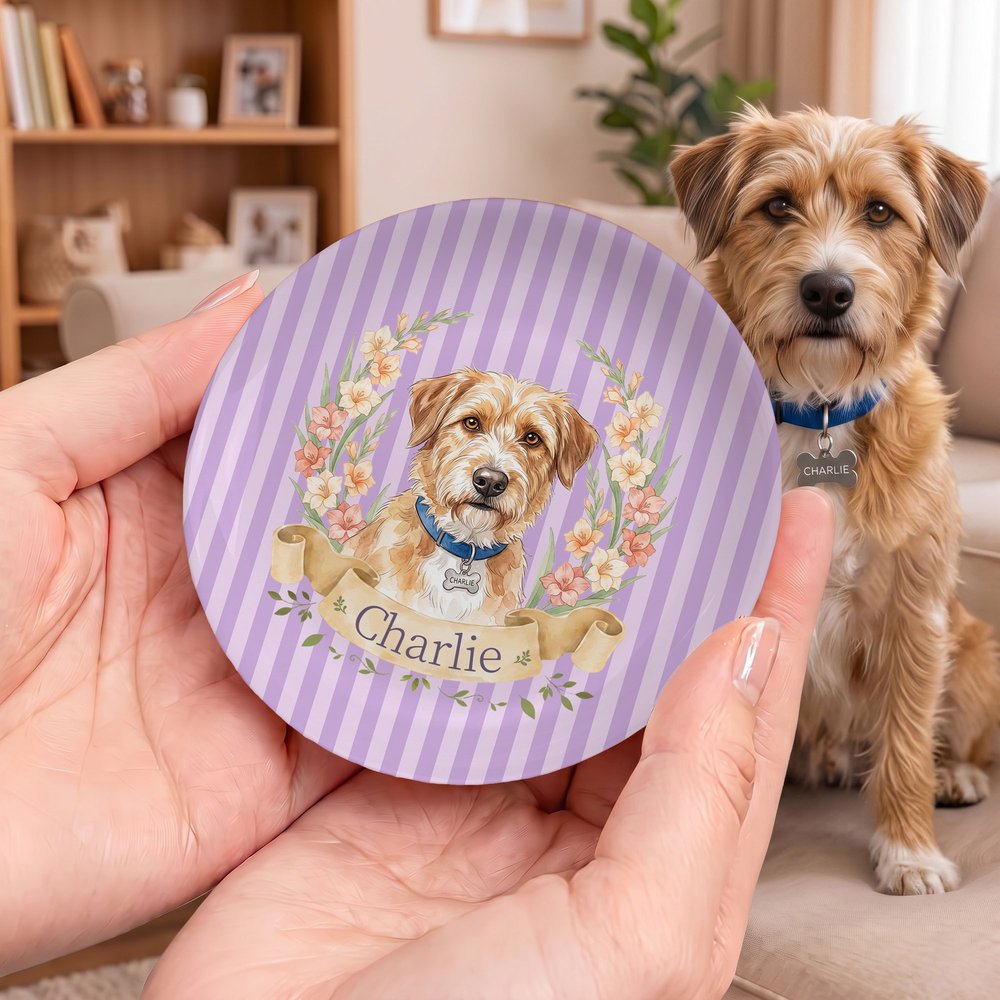 Personalised Watercolor Striped Birth Flower Pet Photo Ceramic Trinket Jewellery Dish with Name Daily Use Birthday Anniversary Gift for Pet Owner 3