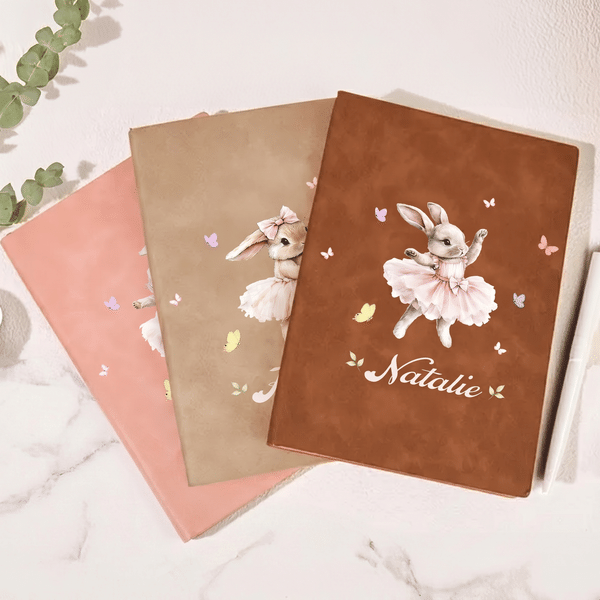 Personalised Watercolor Flower Ballet Dacing Bunny A5 A6 PU Leather Notebook with Name Back to School Reading Gift for Book Lovers