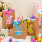 Personalized Cute Bow Bunny Kids Easter Reusable Kraft Paper Gift Bags with Name Easter Party Holiday Gift for Boys Girls