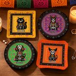 Piattino in ceramica personalizzato con teschi di zucchero, gatti e cani, con nome – Oggetto d’arredo per la casa, regalo per il Giorno dei Morti per i proprietari di animali domestici