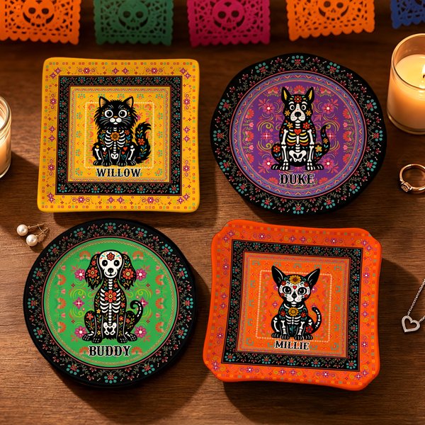 Plato de cerámica personalizado para joyas con diseño de calavera de azúcar, gato y perro, con nombre; decoración para el hogar; regalo del Día de los Muertos para propietarios de mascotas
