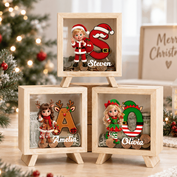 Personalized 3D-Effect Artwork Cartoon Character Photo Wooden Money Box Piggy Bank with Christmas Initial and Name Desk Decor Christmas Gift for Kids