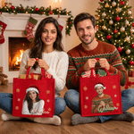 Grand sac fourre-tout en jute personnalisé avec photo d'un personnage de dessin animé portant un bonnet de Noël peint à l'aquarelle et son prénom – Cadeau de fête de Noël pour enfants