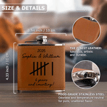 Personalised Minimalist Vintage Tally Mark 6 oz Stainless Steel Liquor Hip Flask with PU Leather Cover Text and Year Anniversary Gift for Couple