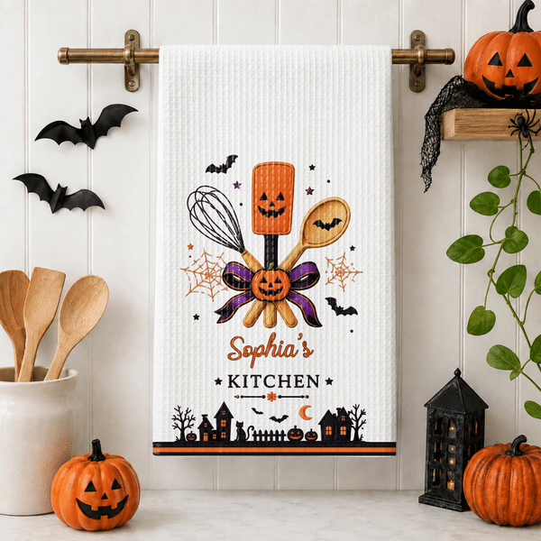 Personalized Halloween Theme Pumpkin Baking Tools Soft Waffle Tea Towel with Name Kitchen Decor Halloween Gift for Family Friends