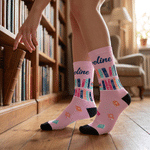 Personalized Soft Multicolor Book Pattern Mid Calf Socks with Name Birthday Christmas Book Club Gift for Book Lovers Librarians
