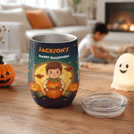 Personlig vinbeger med Halloween-tema – med motiv av gresskar, flaggermus og måne – 12 oz – med navn – Halloween-festgave til familie, venner og barn