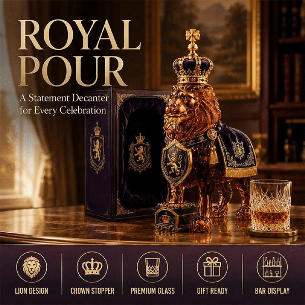 Royal Lion Whiskey Decanter Set, Luxury Sculptural Glass Liquor Decanter with Crown Stopper, Unique Gift for Men & Home Bar