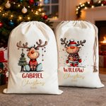Personalized Cute Cartoon Elk Design Christmas Drawstring Gift Bag with Name Christmas Gift for Kids Family