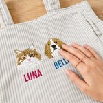 Personalized Embroidery 1-3 Pet Face Photos Large Corduroy Tote Bag with Names Daily Use Birthday Gift for Dog Cat Pet Owner Lovers