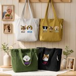 Personalized Embroidery 1-3 Pet Face Photos Large Corduroy Tote Bag with Names Daily Use Birthday Gift for Dog Cat Pet Owner Lovers