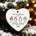 Personalized Our First Christmas Penguin Family  Heart Ceramic Ornament with Names and Year Tree Decor Christmas Gift for Family Kids