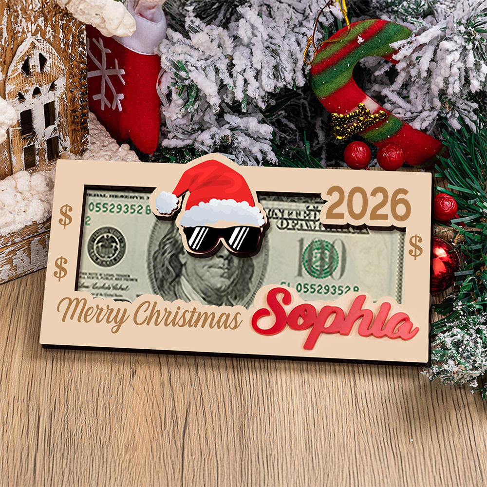 Personalisierte Weihnachtsmannmütze mit Brille hölzerne Geldhalter mit Namen und Jahr lustige Weihnachtsgeschenk für Kinder Familie