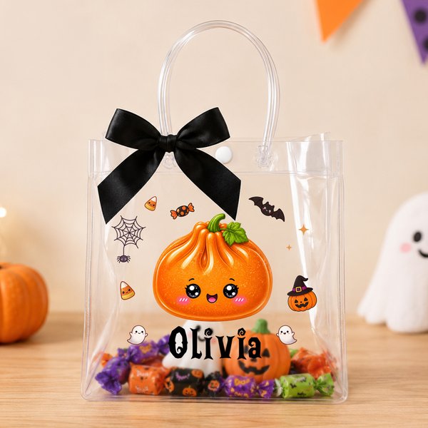 Personalized Multiple Sizes Halloween Theme Cute Dumpling Transparent Gift Bag with Bow-knot and Name Halloween Party Gift for Kids
