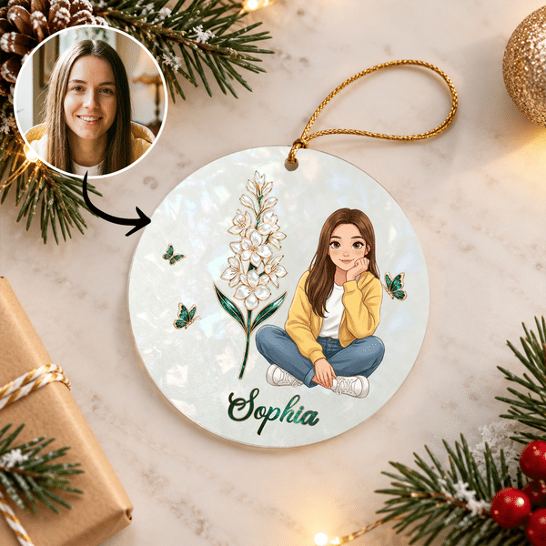 Personalised 3D-Effect Artwork Birth Flower Cartoon Character Photo Acrylic Ornament with Name Tree Decor Christmas Gift for Family Friends