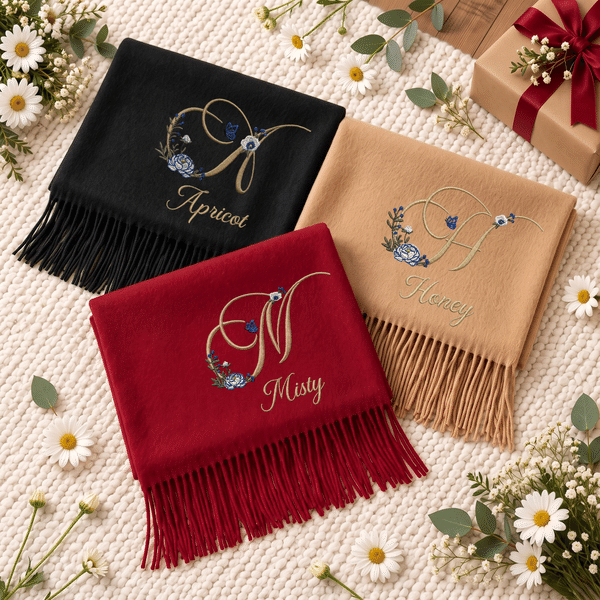 Sciarpa personalizzata con ricamo floreale e iniziale, con nome: ideale per l’uso quotidiano in inverno, come regalo di Natale o di compleanno per amici, migliori amiche e figlie