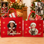 Grand sac fourre-tout en jute personnalisé avec photo d'un personnage de dessin animé portant un bonnet de Noël peint à l'aquarelle et son prénom – Cadeau de fête de Noël pour enfants