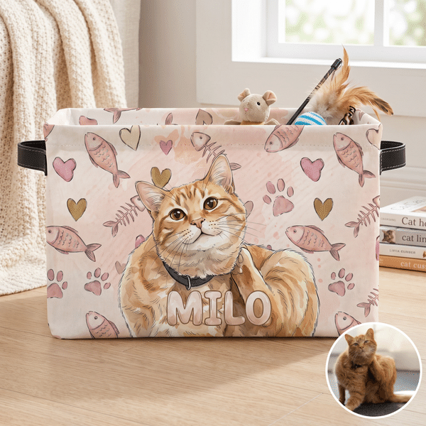 Grand panier de rangement avec portrait personnalisé d'animal de compagnie dans un style aquarelle et prénom – Rangement pour la maison – Cadeau d'anniversaire ou de Noël pour les amoureux des animaux