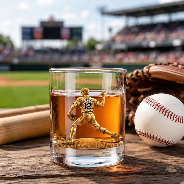 Yksilöity 3D-efektillä varustettu taideteos, jossa on baseball-lyöjä ja syöttäjä -kuvio, 10 oz:n Rock-viskilasi, jossa on nimi ja numero – vuosipäivälahja baseballista kiinnostuneelle miehelle