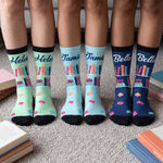 Personalized Soft Multicolor Book Pattern Mid Calf Socks with Name Birthday Christmas Book Club Gift for Book Lovers Librarians