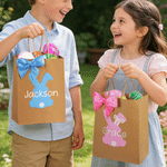 Personalized Cute Bow Bunny Kids Easter Reusable Kraft Paper Gift Bags with Name Easter Party Holiday Gift for Boys Girls