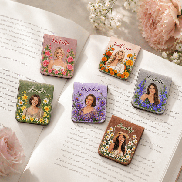 Personalised Multicolour Birth Flower Aesthetic Portrait Magnetic Bookmark Clip with Name Birthday Book Club Gift for Women Book Lovers