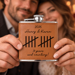 Personalised Minimalist Vintage Tally Mark 6 oz Stainless Steel Liquor Hip Flask with PU Leather Cover Text and Year Anniversary Gift for Couple