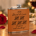 Personalised Minimalist Vintage Tally Mark 6 oz Stainless Steel Liquor Hip Flask with PU Leather Cover Text and Year Anniversary Gift for Couple