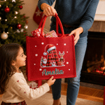 Personalized Christmas Hat Snowman Initial Large Capacity Linen Tote Bag with Name Christmas Party Gift for Family Friends Kids