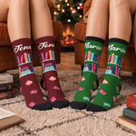 Personalized Soft Multicolor Book Pattern Mid Calf Socks with Name Birthday Christmas Book Club Gift for Book Lovers Librarians