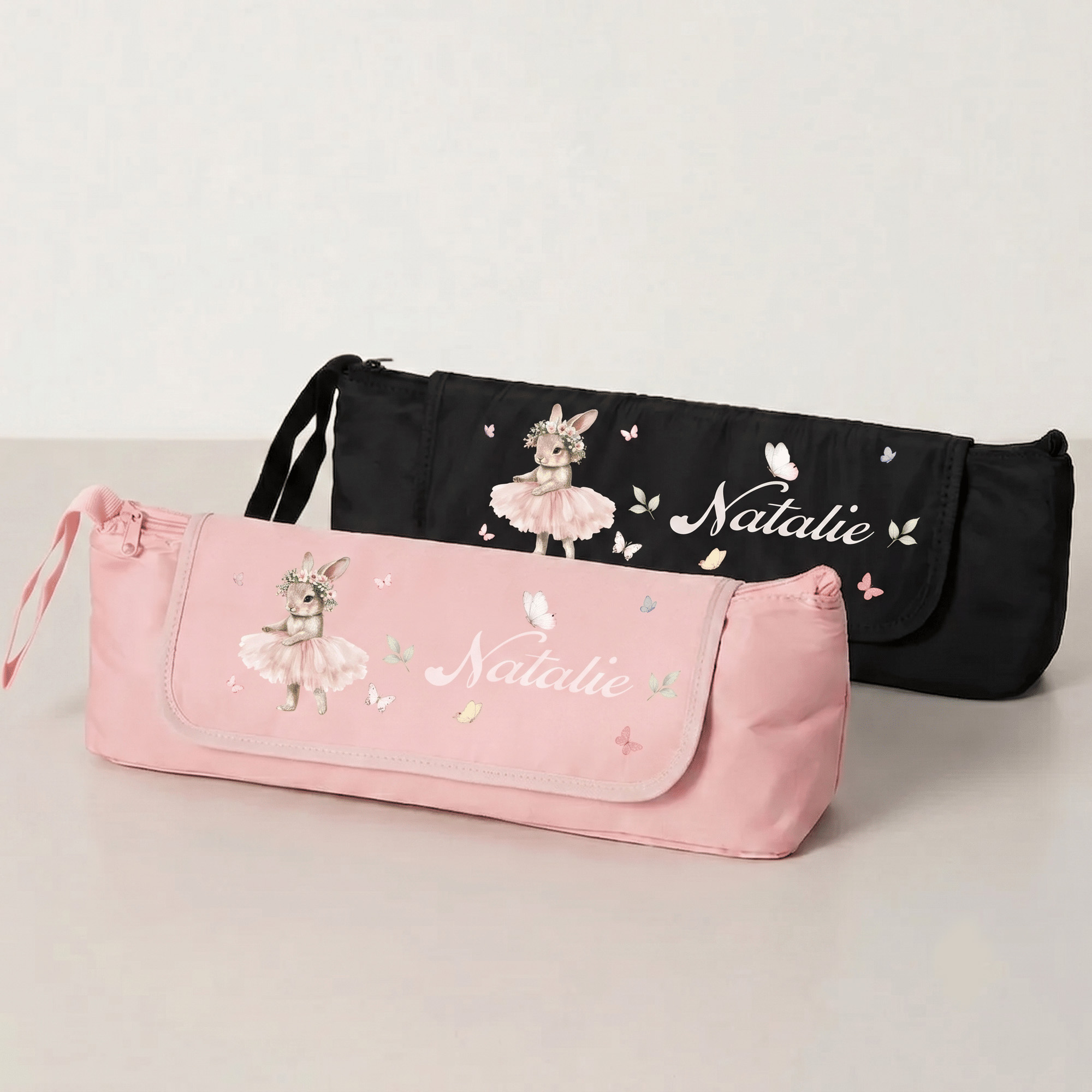 Personalisierte „Ballerina-Hase“-Aufbewahrungstasche mit mehreren Fächern für Haarstyling-Utensilien, mit Namen und hitzebeständiger Unterlage – Geburtstagsgeschenk für Ballettfans