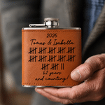 Personalised Minimalist Vintage Tally Mark 6 oz Stainless Steel Liquor Hip Flask with PU Leather Cover Text and Year Anniversary Gift for Couple