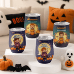 Personlig vinbeger med Halloween-tema – med motiv av gresskar, flaggermus og måne – 12 oz – med navn – Halloween-festgave til familie, venner og barn