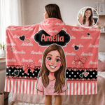 Personalized Polka-Dot Bow Comic Style Character Photo Hoodie Blanket with Name Home Decor Birthday Anniversary Gift for Boy Girl