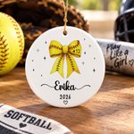 Personalized Softball Number Bow Ceramic Christmas Ornament with Name and Year Home Decor Christmas Sports Gift for Softball Lovers