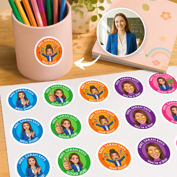 Personalised Teacher Funny Cartoon Avatar Reward Stickers Pack Waterproof Encouragement Label with Text Back to School Appreciation Gift for Teachers