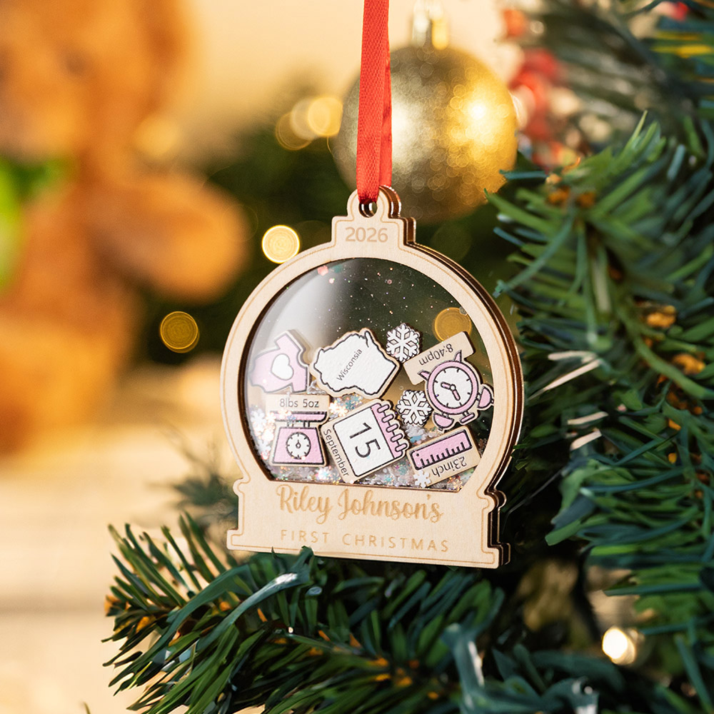 Personalisierte 4D Shake Baby's First Christmas Globe Ornament mit eingraviertem Text Weihnachtsbaum hängende Dekoration Geschenk für Baby Jungen Mädchen
