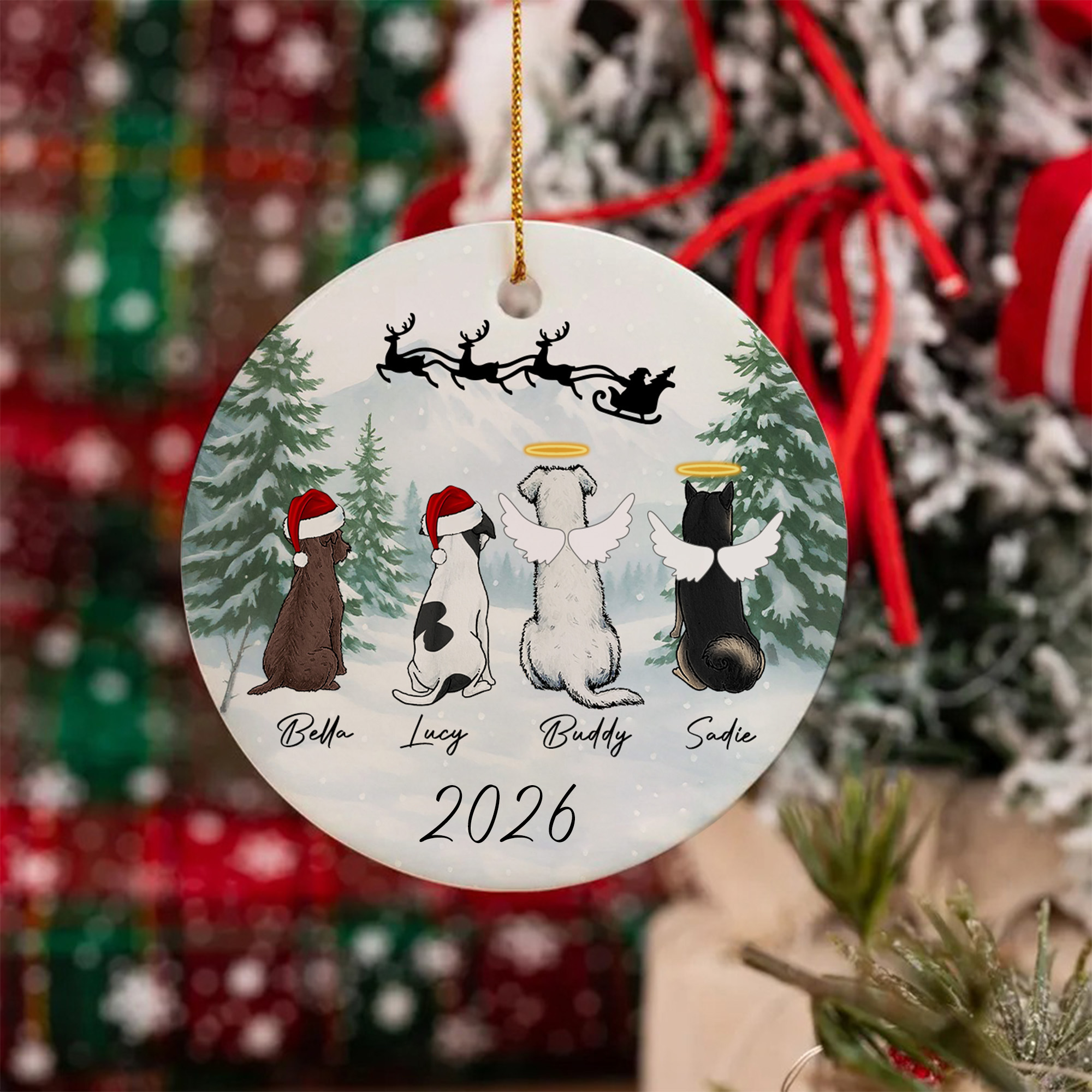 Personalisierte Double-Sided Winter Schnee Rentier 1-4 Hunde Keramik Ornament mit Namen und Jahr Home Decor Memorial Weihnachtsgeschenk für Tierbesitzer
