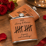 Personalised Minimalist Vintage Tally Mark 6 oz Stainless Steel Liquor Hip Flask with PU Leather Cover Text and Year Anniversary Gift for Couple