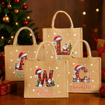 Personalized Christmas Hat Snowman Initial Large Capacity Linen Tote Bag with Name Christmas Party Gift for Family Friends Kids