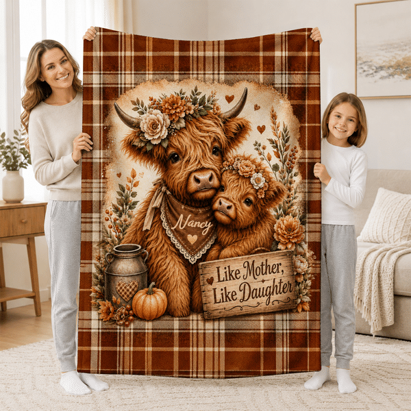 Individuell gestaltete, weiche Vintage-Decke im Karomuster mit Highland-Kuh-Motiv und Namenszug – Wohnaccessoire, Geschenk zum Geburtstag, zum Jahrestag oder zu Thanksgiving für Familie und Freunde