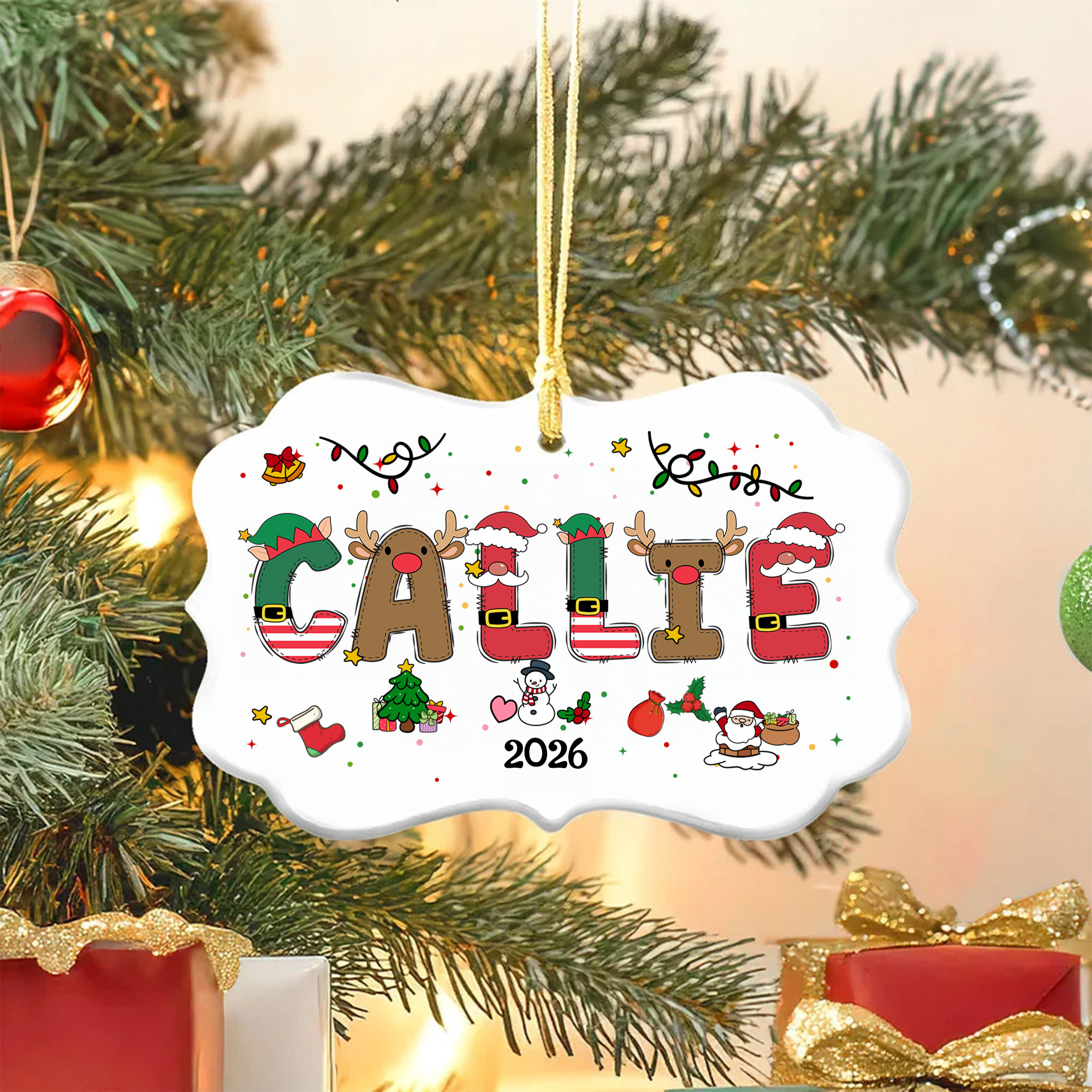 Personalisierte Weihnachtsmann Rentier Alphabet Unregelmäßige Keramik Ornament mit Namen und Lanyard Baumschmuck Weihnachtsgeschenk für Familie