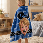 Personalized Polka-Dot Bow Comic Style Character Photo Hoodie Blanket with Name Home Decor Birthday Anniversary Gift for Boy Girl