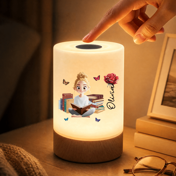 Personalised Reading Character Birth Flower Dimmable Touch Control LED Night Light with Name Bedroom Decor Birthday Gift for Book Lover Bookworm