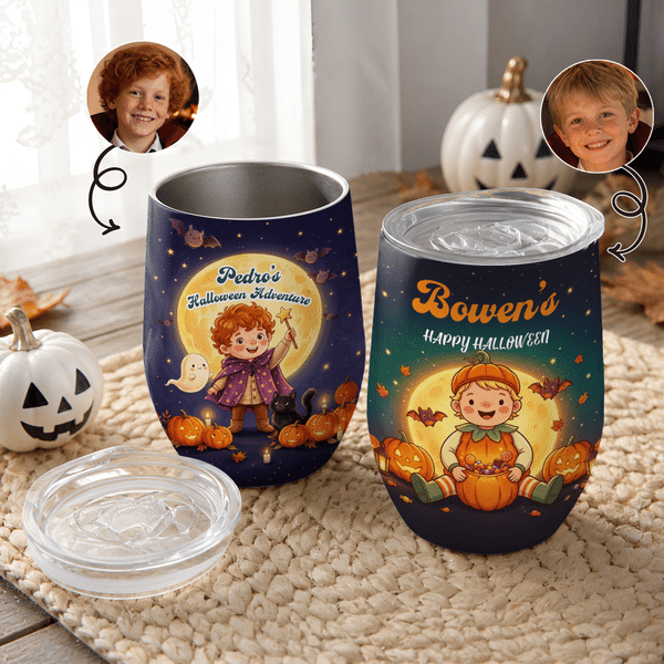 Personlig vinbeger med Halloween-tema – med motiv av gresskar, flaggermus og måne – 12 oz – med navn – Halloween-festgave til familie, venner og barn
