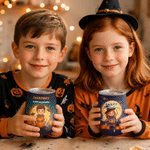 Personlig vinbeger med Halloween-tema – med motiv av gresskar, flaggermus og måne – 12 oz – med navn – Halloween-festgave til familie, venner og barn