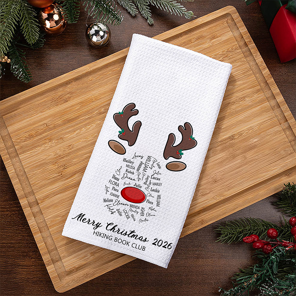 Personalisierte Rentier Design 100% Baumwolle weiches Geschirrtuch mit 1-18 Namen und Text Küche verwenden Weihnachtsgeschenk für Familie Freunde