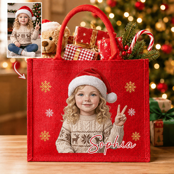 Borsa grande in juta personalizzata con foto di un personaggio dei cartoni animati con cappello natalizio dipinto ad acquerello e nome – Regalo di Natale per bambini